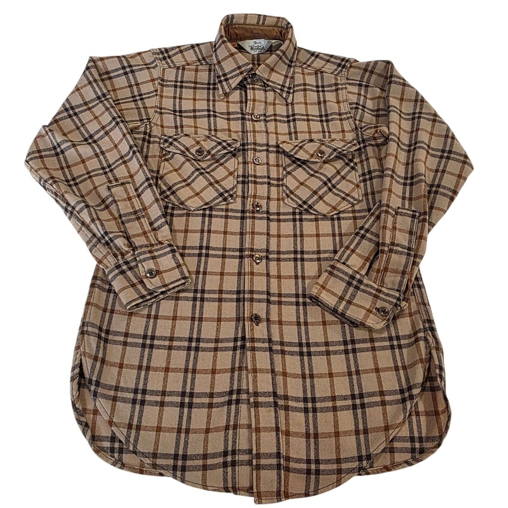 Woolrich Plaid Flannel Shirt Long Sleeve Two Pocket‎ Brown Tan Size S Outdoors